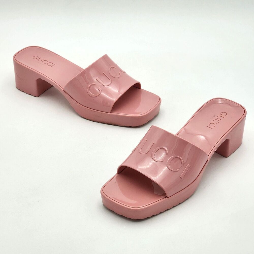 Gucci Jelly Rubber Platform Heeled Slide Sandals Pink Wild Rose Size 38 EU 8 US